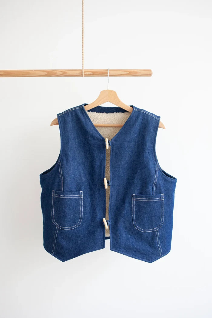 denim  Waistcoat made using Devon Waistcoat Sewing Pattern PDF – Relaxed fit, fully lined, reversible design with patch pockets and button or snap closures.