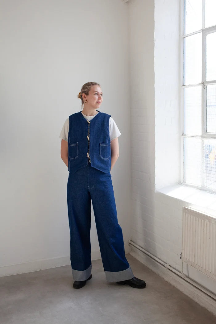 lady wearing  Waistcoat made using Devon Waistcoat Sewing Pattern PDF – Relaxed fit, fully lined, reversible design with patch pockets and button or snap closures.