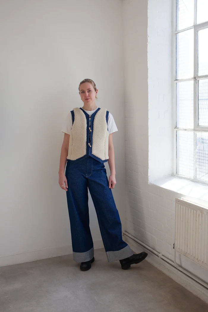 lady wearing Waistcoat made using Devon Waistcoat Sewing Pattern PDF – Relaxed fit, fully lined, reversible design with patch pockets and button or snap closures.
