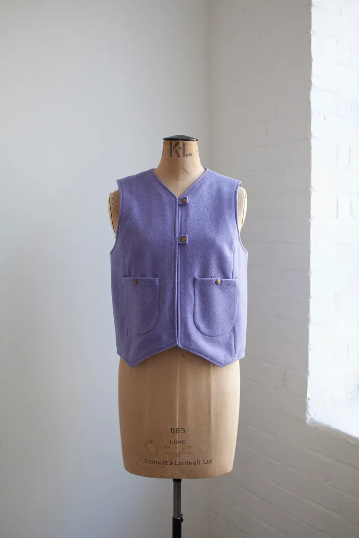 Lilac Waistcoat made using Devon Waistcoat Sewing Pattern PDF – Relaxed fit, fully lined, reversible design with patch pockets and button or snap closures.