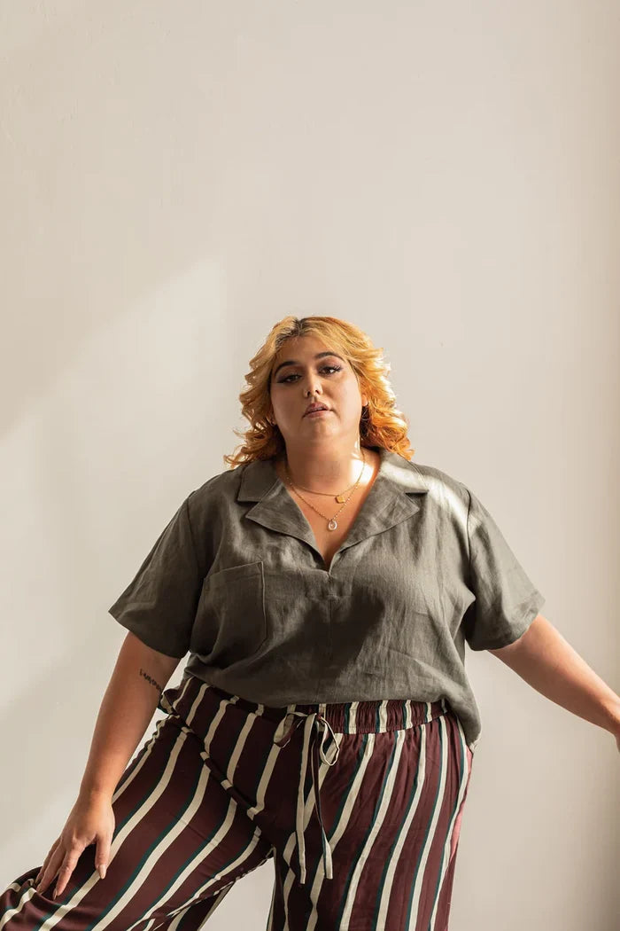Donny Shirt Sewing Pattern – boxy pull-on woven top with lapel collar and pocket (XS–7X)