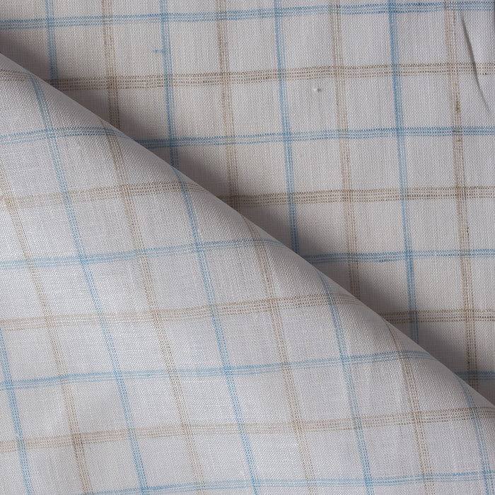 Yarn-dyed check pattern linen fabric in earth and sky hues, ideal for elegant and natural clothing.