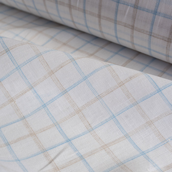 Yarn-dyed check pattern linen fabric in earth and sky hues, ideal for elegant and natural clothing.