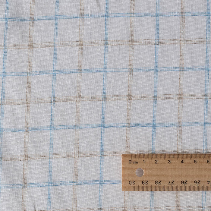 Yarn-dyed check pattern linen fabric in earth and sky hues, ideal for elegant and natural clothing.