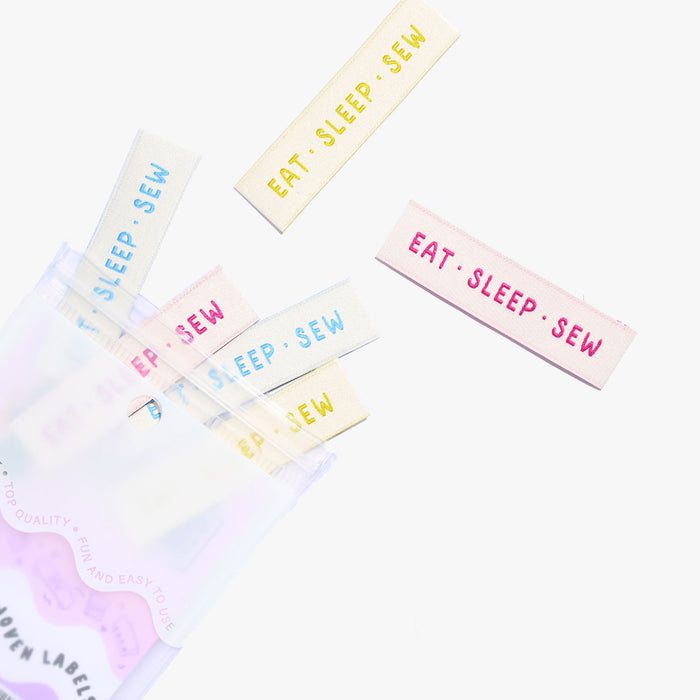 Eat Sleep Sew woven KATM sewing labels for handmade clothes and DIY sewing projects
