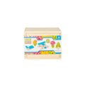 A wooden storage box with a label showing the Eco-Bricks product and its pieces, indicating it is a 54 piece color construction block set.