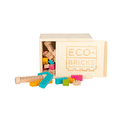 A wooden storage box with a label showing the Eco-Bricks product and its pieces, indicating it is a 54 piece color construction block set.