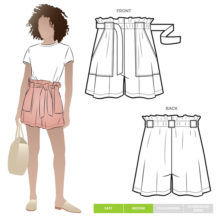 Casual Ellen Woven Shorts pattern with an elastic paper bag waist and front patch pockets, perfect for summer BBQs and weekend outings