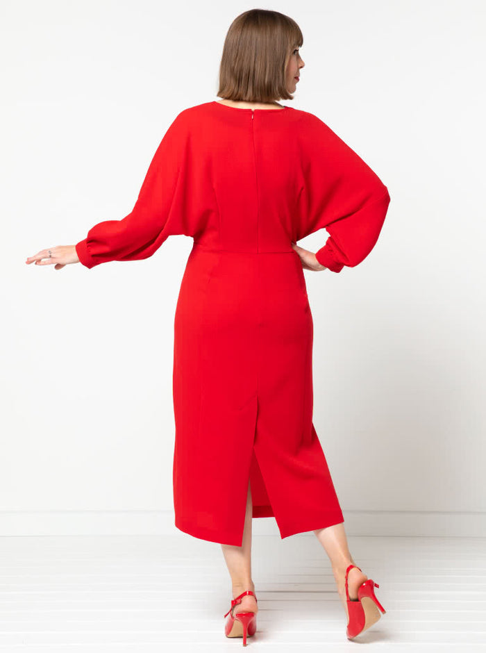 Elsbeth Woven Dress sewing pattern featuring gathered front bodice, optional sleeves, and a fitted panelled skirt, suitable for cotton, linen, viscose, and silk fabrics