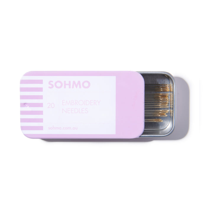 Pink and silver needle case with 'SOHMO' branding on a white background. SOHMO embroidery needles in sliding tin with long eye for floss and hand sewing