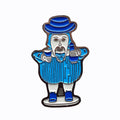 A blue an white enamel pin of a European man wearing a hat.