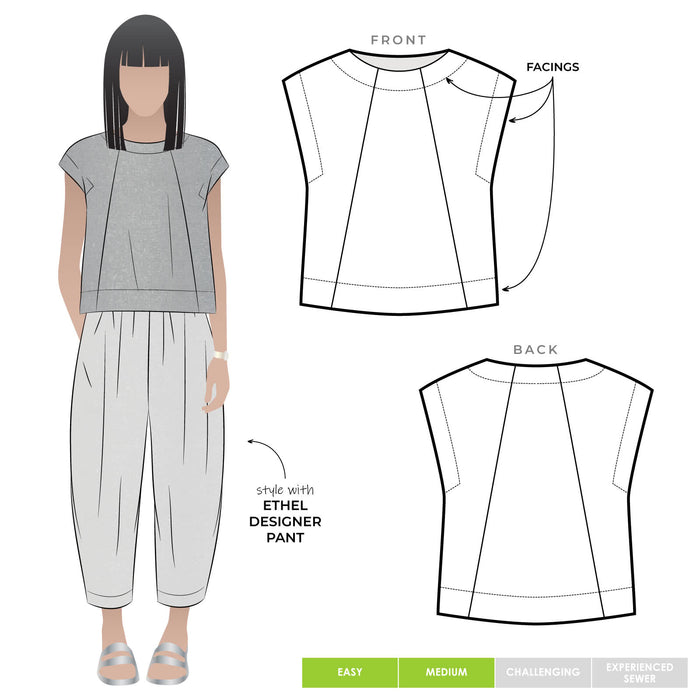 drawing of  Ethel Designer Top sewing pattern by Style Arc, featuring a square shape, angled design lines, and wide facings, suitable for linen, crepe, silk, and light wool fabrics.
