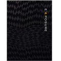 This image features the cover of the book titled "Exposure: Native Art and Political Ecology." The cover design is striking, showcasing a close-up pattern of what appears to be a textured, geometric artwork in a dark color.