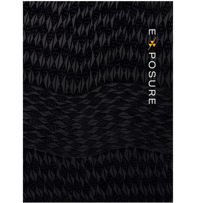 This image features the cover of the book titled "Exposure: Native Art and Political Ecology." The cover design is striking, showcasing a close-up pattern of what appears to be a textured, geometric artwork in a dark color.