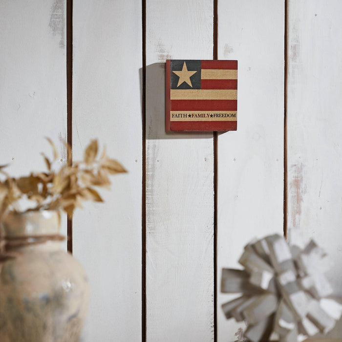 "Faith Family Freedom" Wooden Flag Sign - 5x5" - Primitive Star Quilt Shop