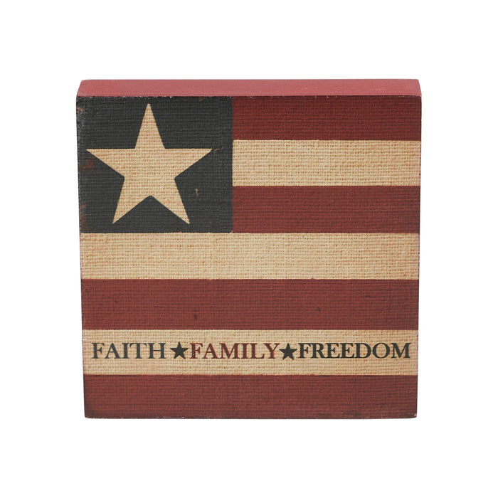 "Faith Family Freedom" Wooden Flag Sign - 5x5" - Primitive Star Quilt Shop
