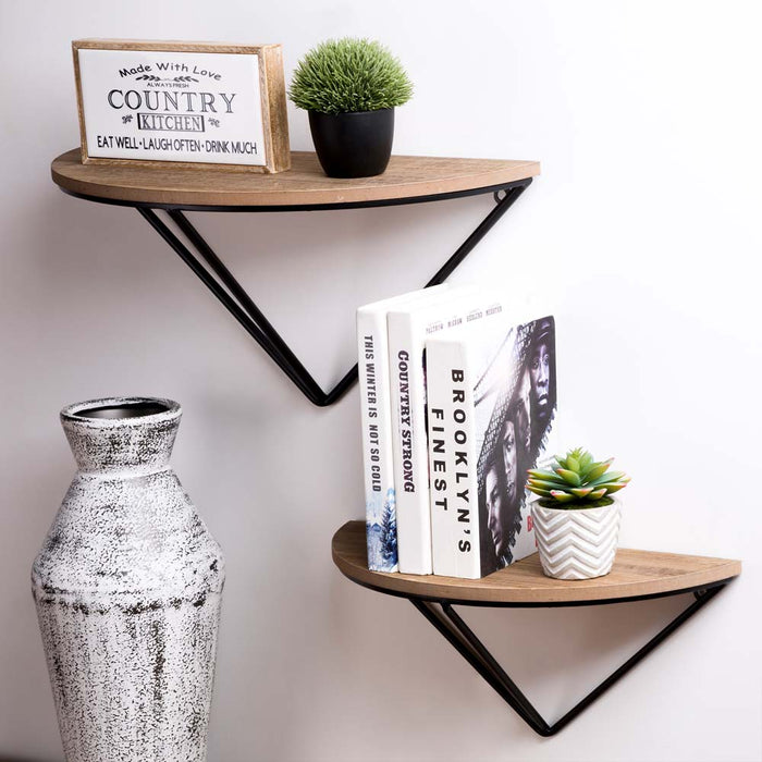 Farmhouse Metal/Wooden Half-round Shaped Wall Shelves, Set of 2
