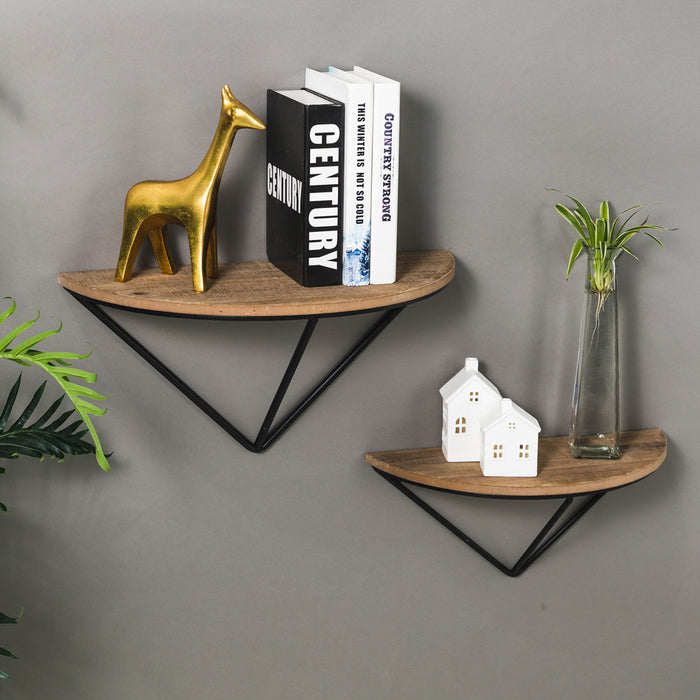 Farmhouse Metal/Wooden Half-round Shaped Wall Shelves, Set of 2
