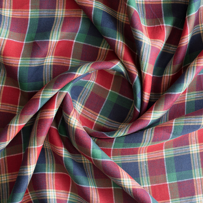 Festive Glen Tartan linen fabric – red, green and navy heritage tartan pattern, yarn-dyed linen for garments and festive sewing