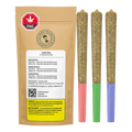 Front-facing pouch and three upright pre-rolls, shown with colored tips, labeled "Flight Pack Craft Variety Pack PR 3 x 0.5 g."