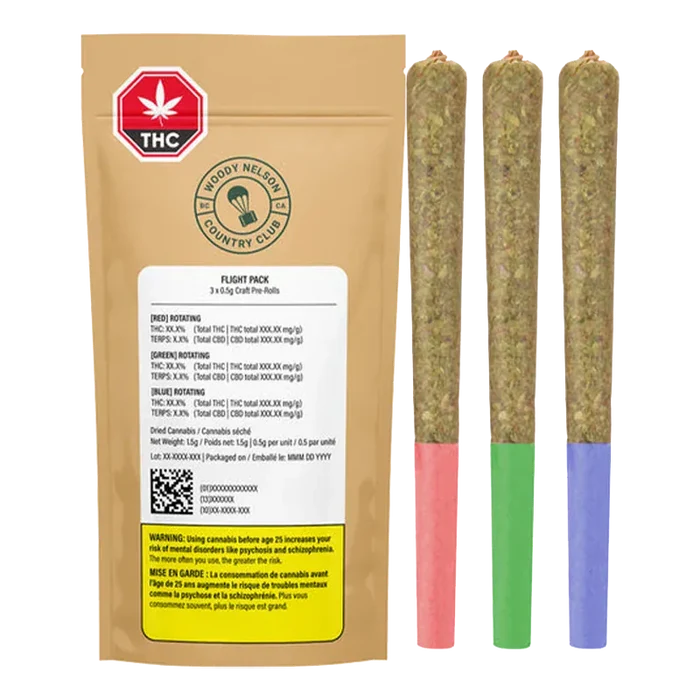 Front-facing pouch and three upright pre-rolls, shown with colored tips, labeled "Flight Pack Craft Variety Pack PR 3 x 0.5 g."