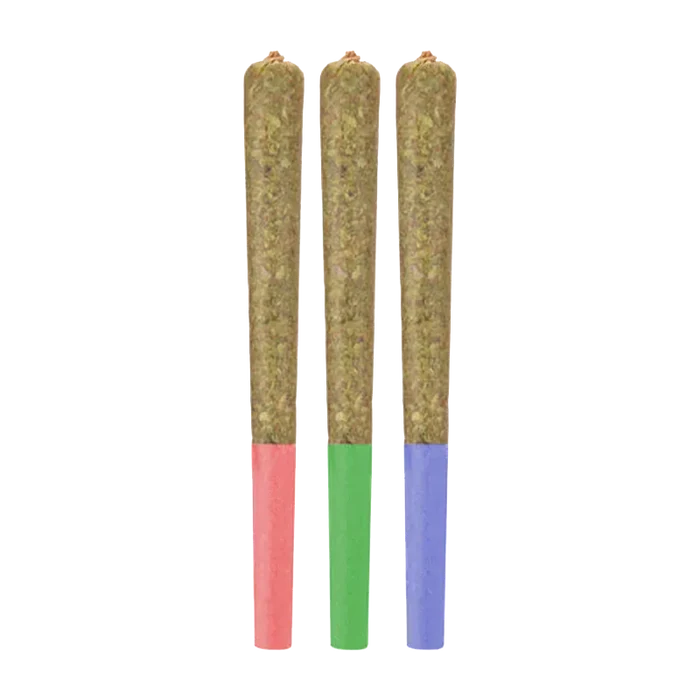 Top-down view of three slender pre-rolls with red, green, and blue tips arranged vertically, labeled Flight Pack Craft Variety Pack PR 3 x 0.5 g.