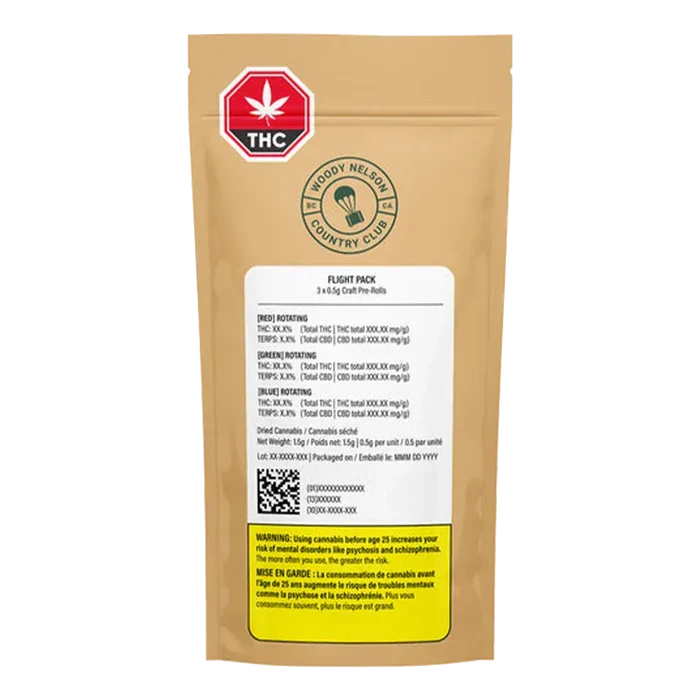 Front-facing image of the Flight Pack Craft Variety Pack PR 3 x 0.5 g kraft pouch with white product label, circular logo and red THC symbol at the top