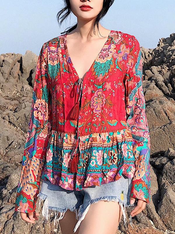Floral Loose Long Sleeves Lace Up Blouses Shirt Bohemian Tops