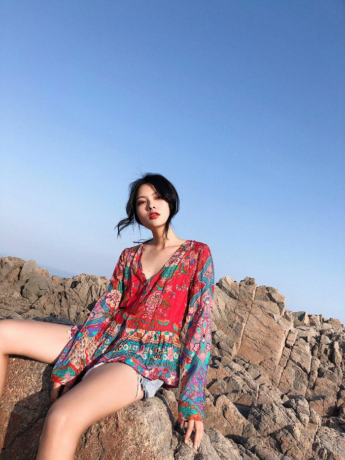 Floral Loose Long Sleeves Lace Up Blouses Shirt Bohemian Tops