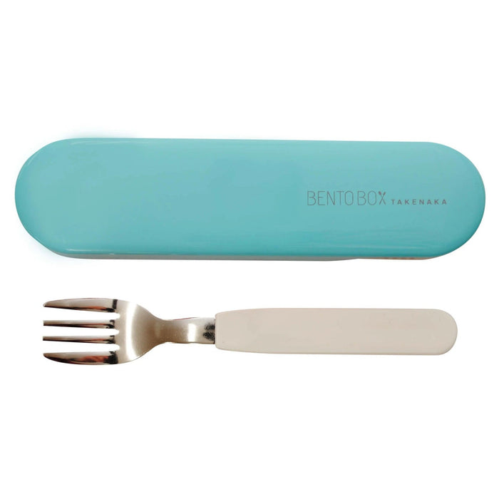 A gray fork packaged in a blue box with the brand name 'BENTOBOX' on it.