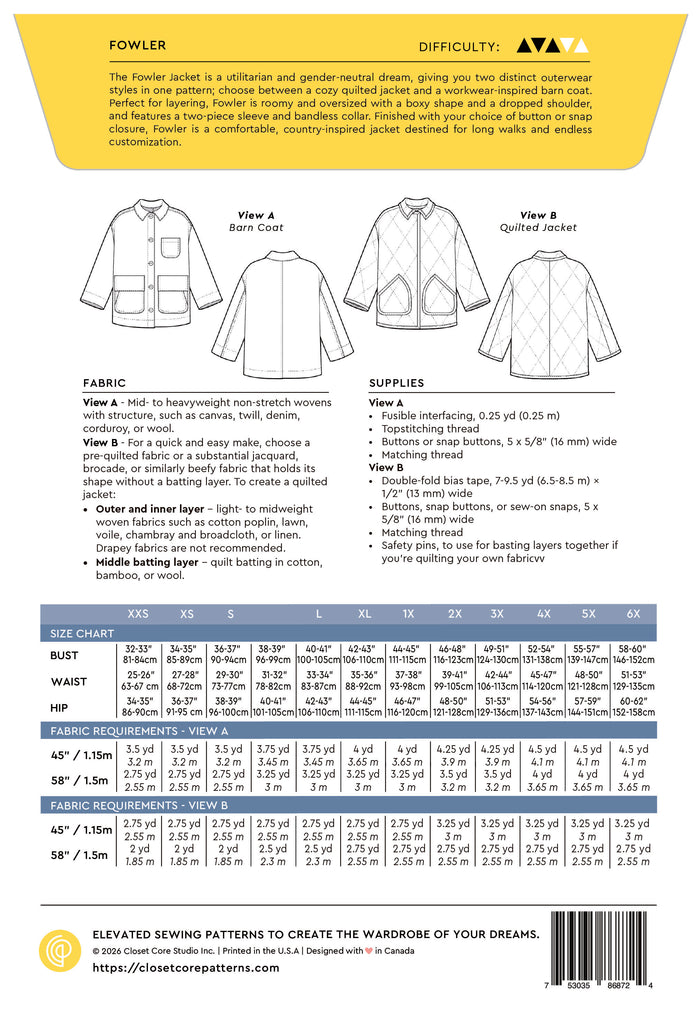 Pattern envelope for a jacket with fabric, supply, and size chart information.
