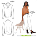 Style Arc’s Francesca Shirt sewing pattern, showcasing a button-front blouse with ruffle neck, two-piece collar, and cuffed long sleeves, ideal for cotton, rayon, silk, or linen fabrics.