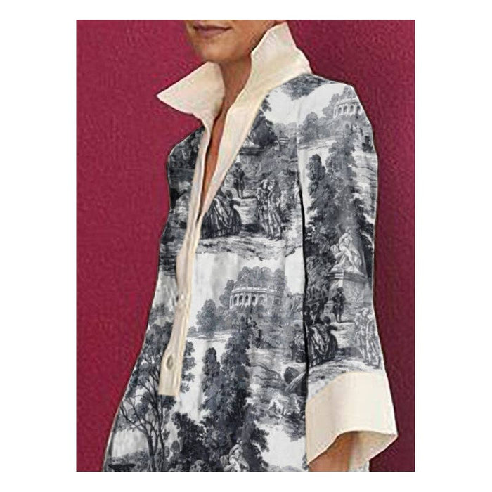 French Countryside Toile Shirt Dress - Long Sleeves Loose Printed Lapel Mini Dresses