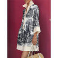 French Countryside Toile Shirt Dress - Long Sleeves Loose Printed Lapel Mini Dresses