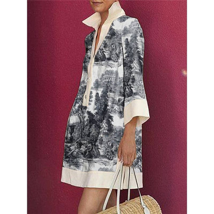 French Countryside Toile Shirt Dress - Long Sleeves Loose Printed Lapel Mini Dresses