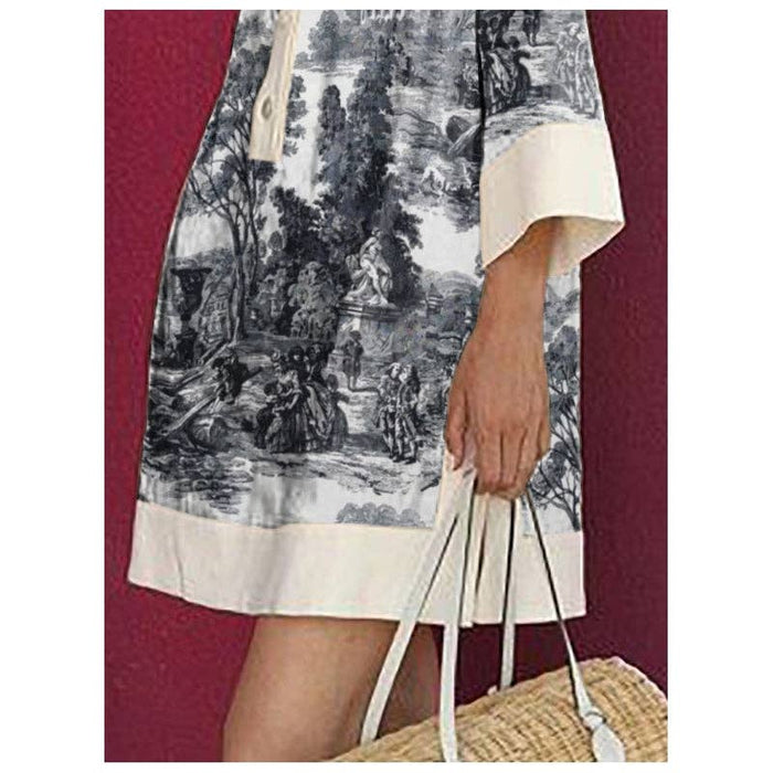 French Countryside Toile Shirt Dress - Long Sleeves Loose Printed Lapel Mini Dresses