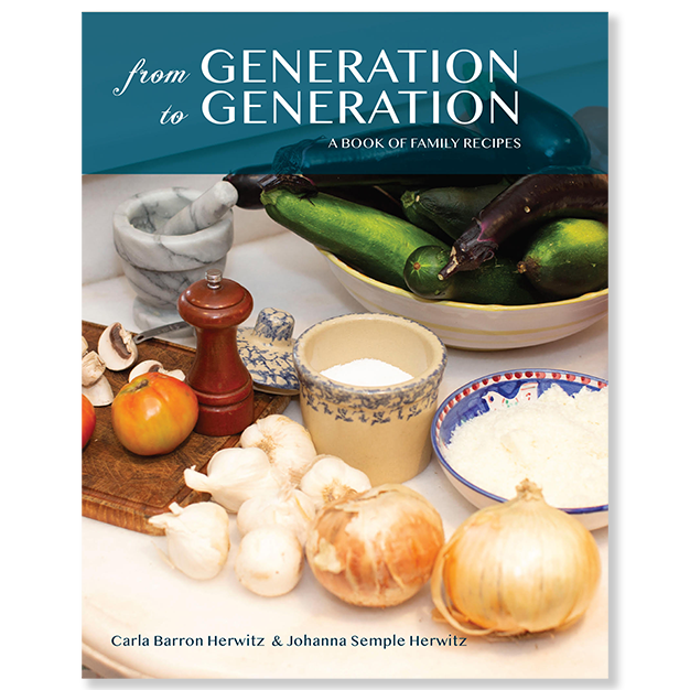The cover of the book titled 'From Generation to Generation: A Book of Family Recipes' featuring a photograph of various food items and kitchenware arranged on a table.