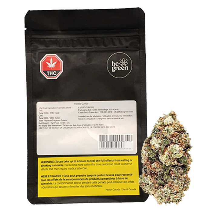Front-facing shot of the black pouch and loose bud beside it, showing the "Frosted Gumbo" brand and product name on the pouch label.