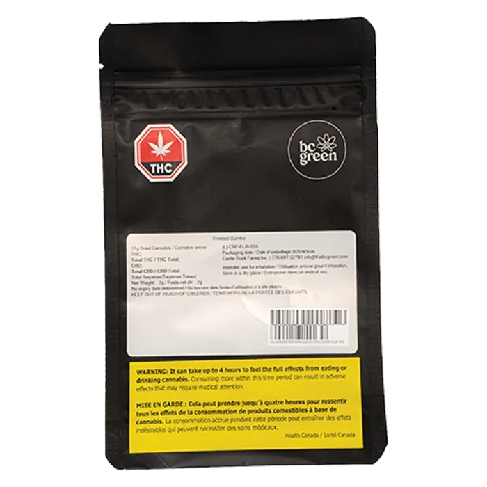 Back view of the black pouch showing the Frosted Gumbo brand logo and THC warning labels centered on the packaging.