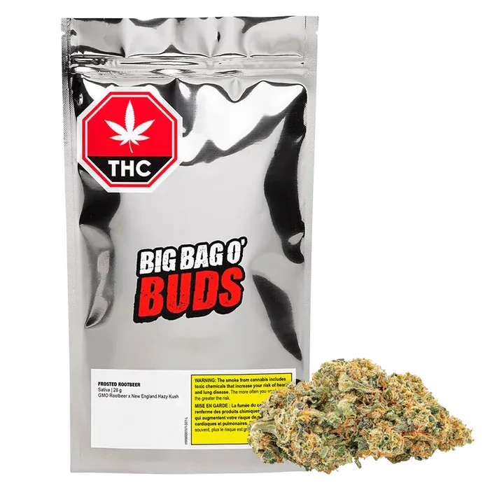 Front-facing silver pouch labeled Big Bag O' Buds with a pile of Frosted Rootbeer cannabis nugs in front.