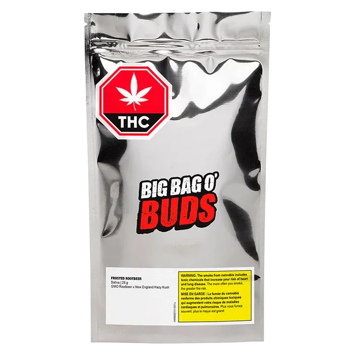 Front-facing shot of the metallic pouch labeled Frosted Rootbeer Big Bag O' Buds with a red THC stop sign near the top.