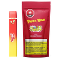 Front-facing image of a red and yellow device beside a matching red pouch labeled "Fruity Pbblz Liquid Diamond Disposable Vape" showing brand logo, THC symbol, and a yellow warning box.