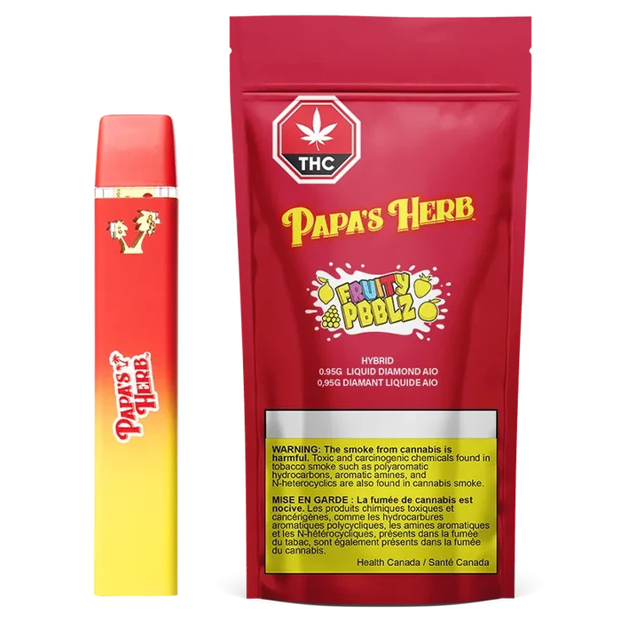 Front-facing image of a red and yellow device beside a matching red pouch labeled "Fruity Pbblz Liquid Diamond Disposable Vape" showing brand logo, THC symbol, and a yellow warning box.