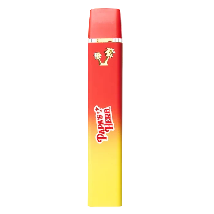 Straight-on studio shot of a red-to-yellow gradient Fruity Pbblz Liquid Diamond Disposable Vape with gold accents and white "Papa's Herb" logo.