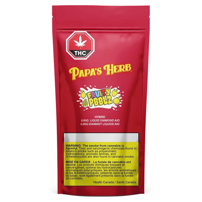Front-facing image of the red pouch packaging for Fruity Pbblz Liquid Diamond Disposable Vape showing the Papa's Herb logo, THC symbol, colorful fruit graphic, and a yellow warning panel.
