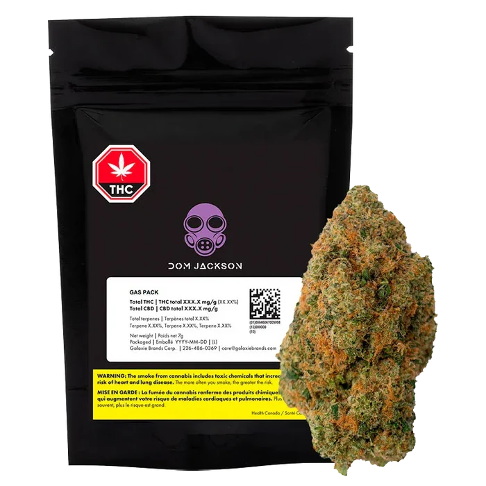 Front view of the Dom Jackson Gas Pack, a black resealable pouch with purple gas mask logo displayed beside a close-up cannabis bud.