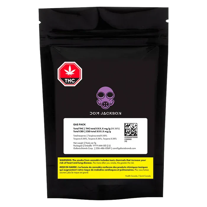 Front view of the black Dom Jackson Gas Pack pouch with purple gas mask logo, THC symbol and white product label.
