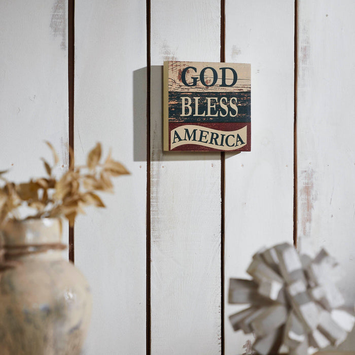 "God Bless America" Distressed Wood Sign - 6x6" - Primitive Star Quilt Shop