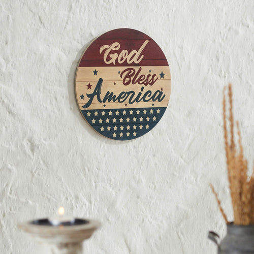 "God Bless America" Round Wood Sign - 11" - Primitive Star Quilt Shop