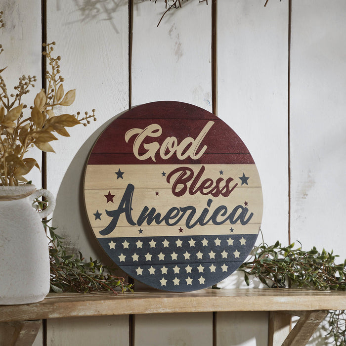 "God Bless America" Round Wood Sign - 11" - Primitive Star Quilt Shop